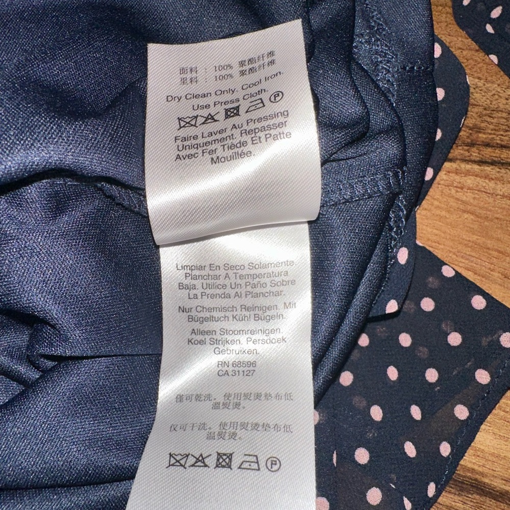 DKNY Navy Pink Polka Dot Sheer Faux Wrap Dress - Picture 4 of 6